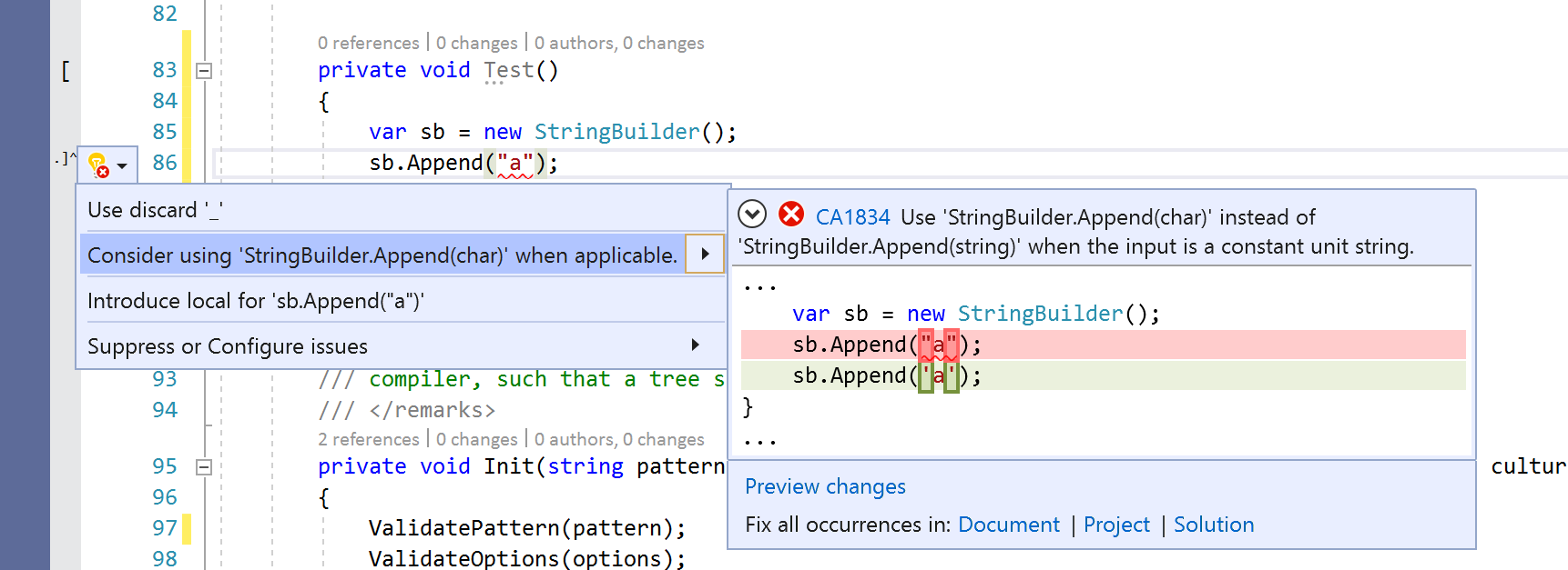 Oprava kódu pro CA1834 – Použití StringBuilder.Append(char) pro řetězce s jedním znakem