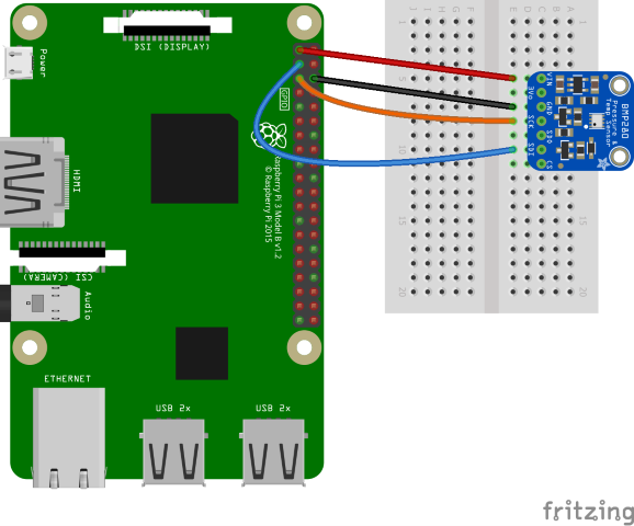 Fritzingův diagram znázorňující připojení z Raspberry Pi k BME280 breakout board