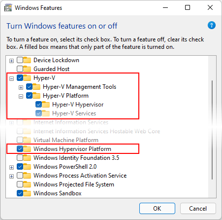 Povolení platformy Hyper-V a hypervisoru Windows pro .NET MAUI