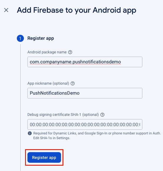 Snímek obrazovky registrace aplikace pro Android ve službě Firebase