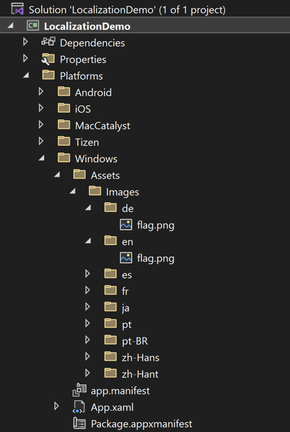 Snímek obrazovky s lokalizovanou strukturou složek v sadě Visual Studio pro obrázky ve Windows