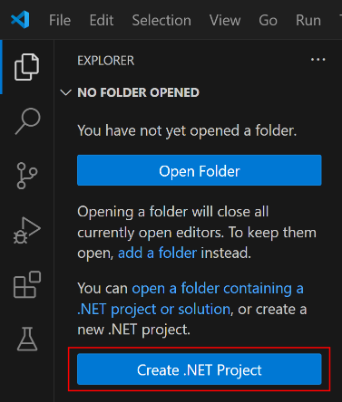 Snímek obrazovky s tlačítkem vytvořit nový projekt v editoru Visual Studio Code