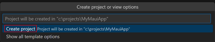 snímek obrazovky s vytvořením nového projektu na paletě příkazů v editoru Visual Studio Code