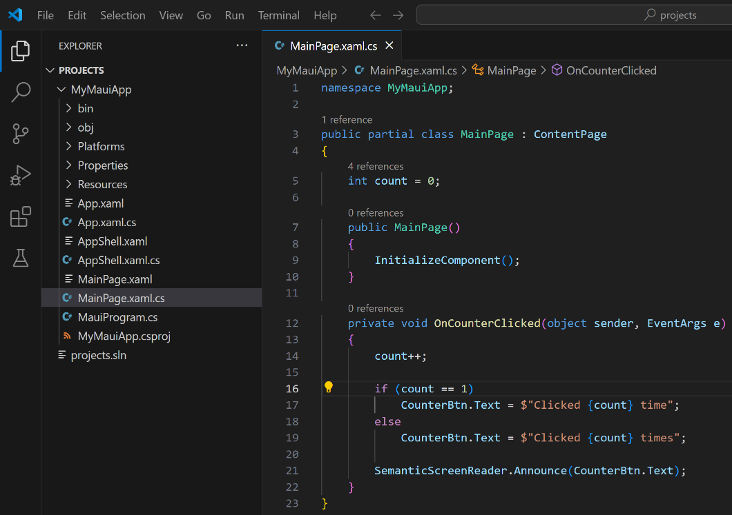 snímek obrazovky se souborem jazyka C# otevřeným v editoru Visual Studio Code