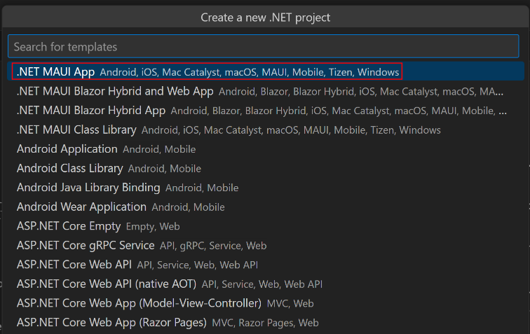 snímek obrazovky s výběrem šablony aplikace .NET MAUI na paletě příkazů v editoru Visual Studio Code