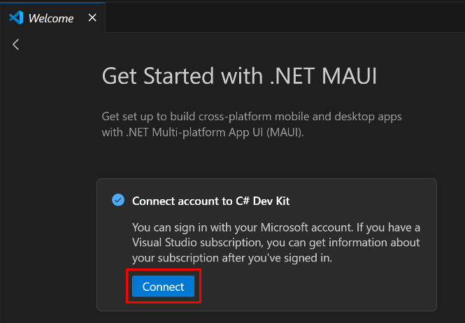 Snímek obrazovky tlačítka pro připojení účtu ve Visual Studio Code k C# Dev Kit