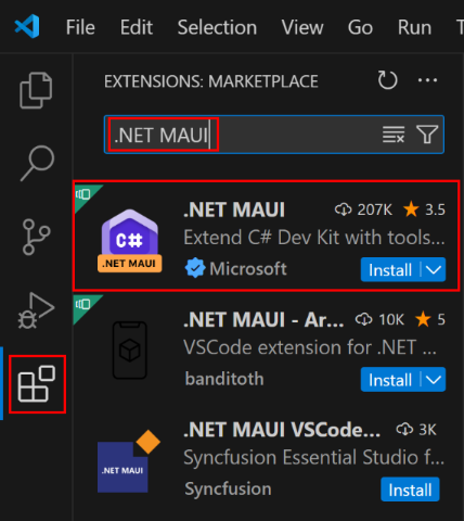 snímek obrazovky podokna rozšíření ve Visual Studio Code zobrazující rozšíření .NET MAUI