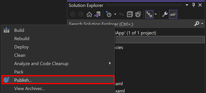 Vyberte položku nabídky publikovat v sadě Visual Studio.