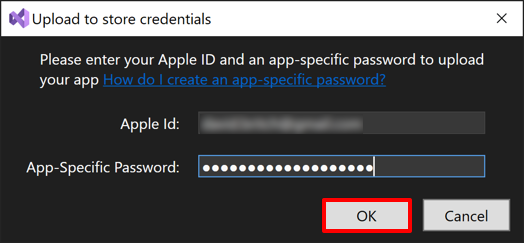 Snímek obrazovky se zadáním hesla specifického pro aplikaci pro nahrání aplikace do App Storu