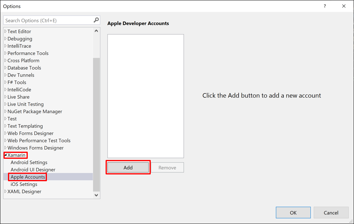 Přidejte do sady Visual Studio vývojářský účet Apple.