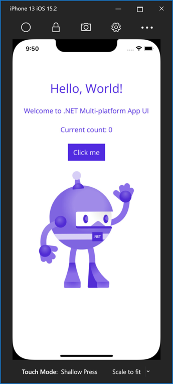 Visual Studio iOS vzdálený simulátor, na kterém běží aplikace.