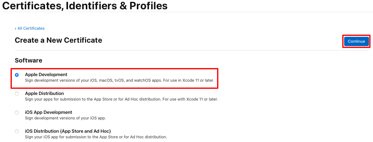 Vytvořte vývojový certifikát Apple.