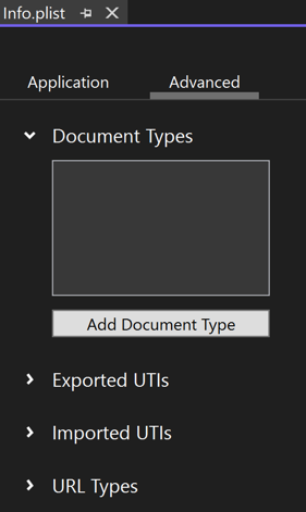 Snímek obrazovky s kartou Upřesnit v editoru Visual Studio Info.plist