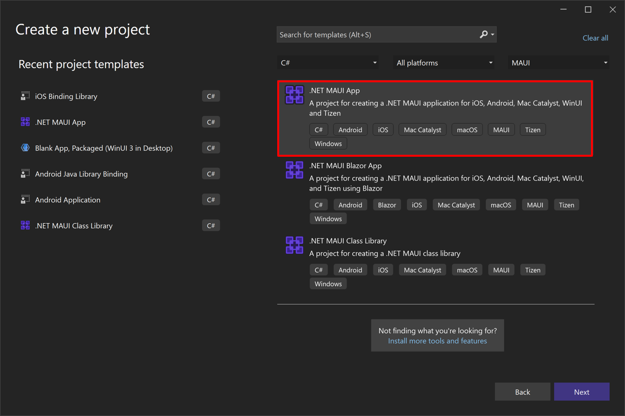 Snímek obrazovky s vytvořením aplikace .NET MAUI v sadě Visual Studio