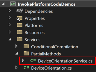 DeviceOrientationService – třída na snímku obrazovky složky Services