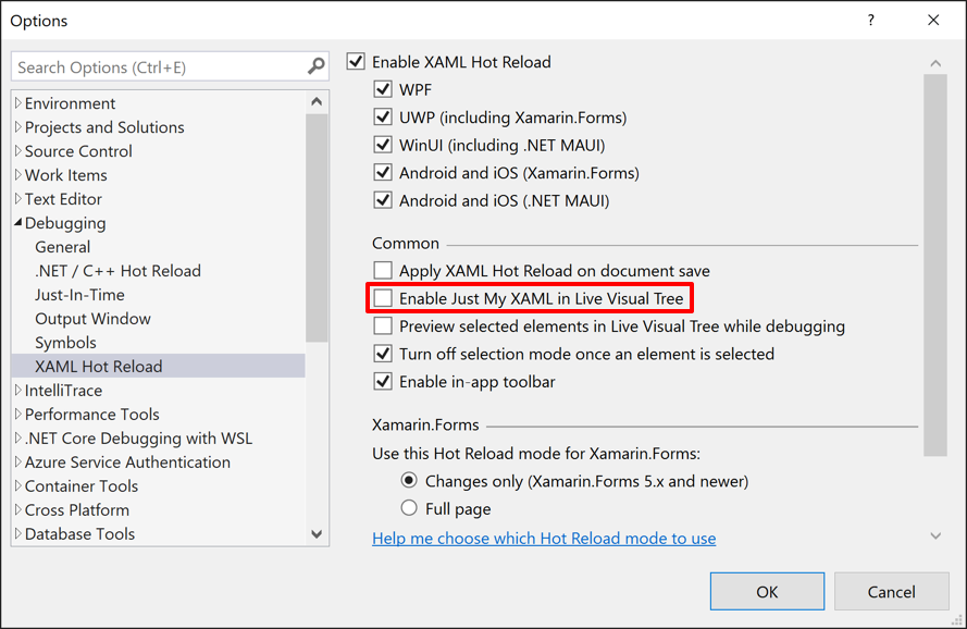 Snímek obrazovky s tlačítkem Just My XAML disabled in the Live Visual Tree window in Visual Studio