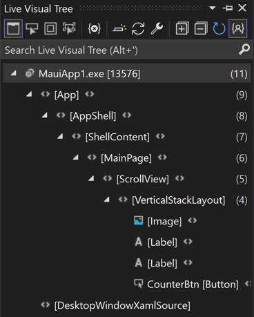 Snímek obrazovky s oknem Live Visual Tree v sadě Visual Studio