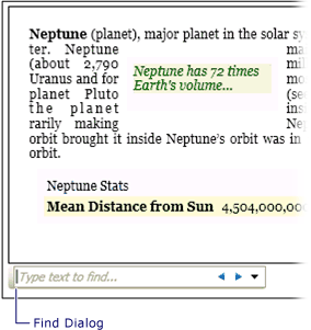 Snímek obrazovky: Dialogové okno Najít FlowDocumentPageViewer