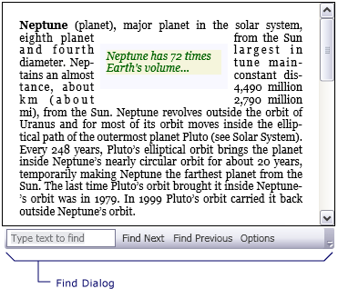 Snímek obrazovky: Dialogové okno najít FlowDocumentScrollViewer