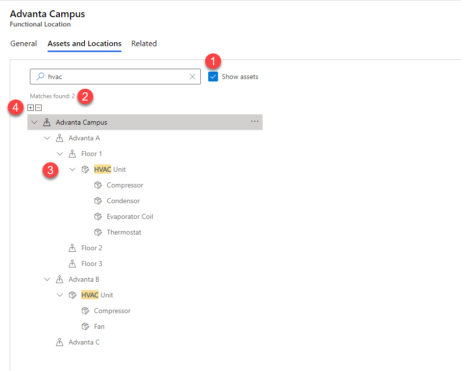 Image showing four enhancements to the assets and locations tree.