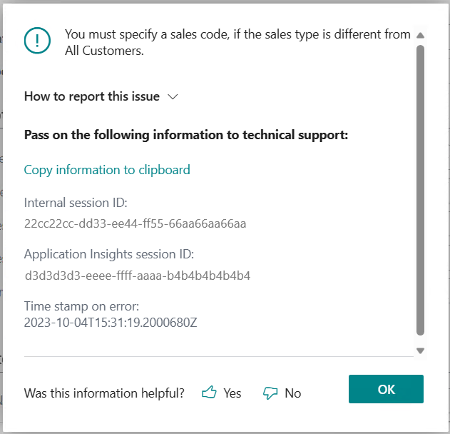 Show an example of an error dialog in Business Central version 21.