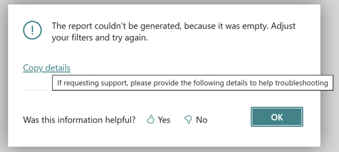 Show an example of an error dialog in the latest Business Central version.