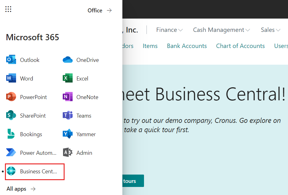 Spouštěč aplikací Microsoft 365 zobrazující dlaždici Business Central.