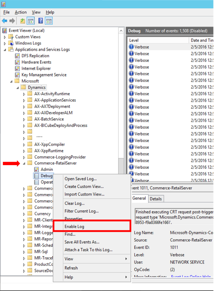 Enable Log command on the shortcut menu for a debug log.