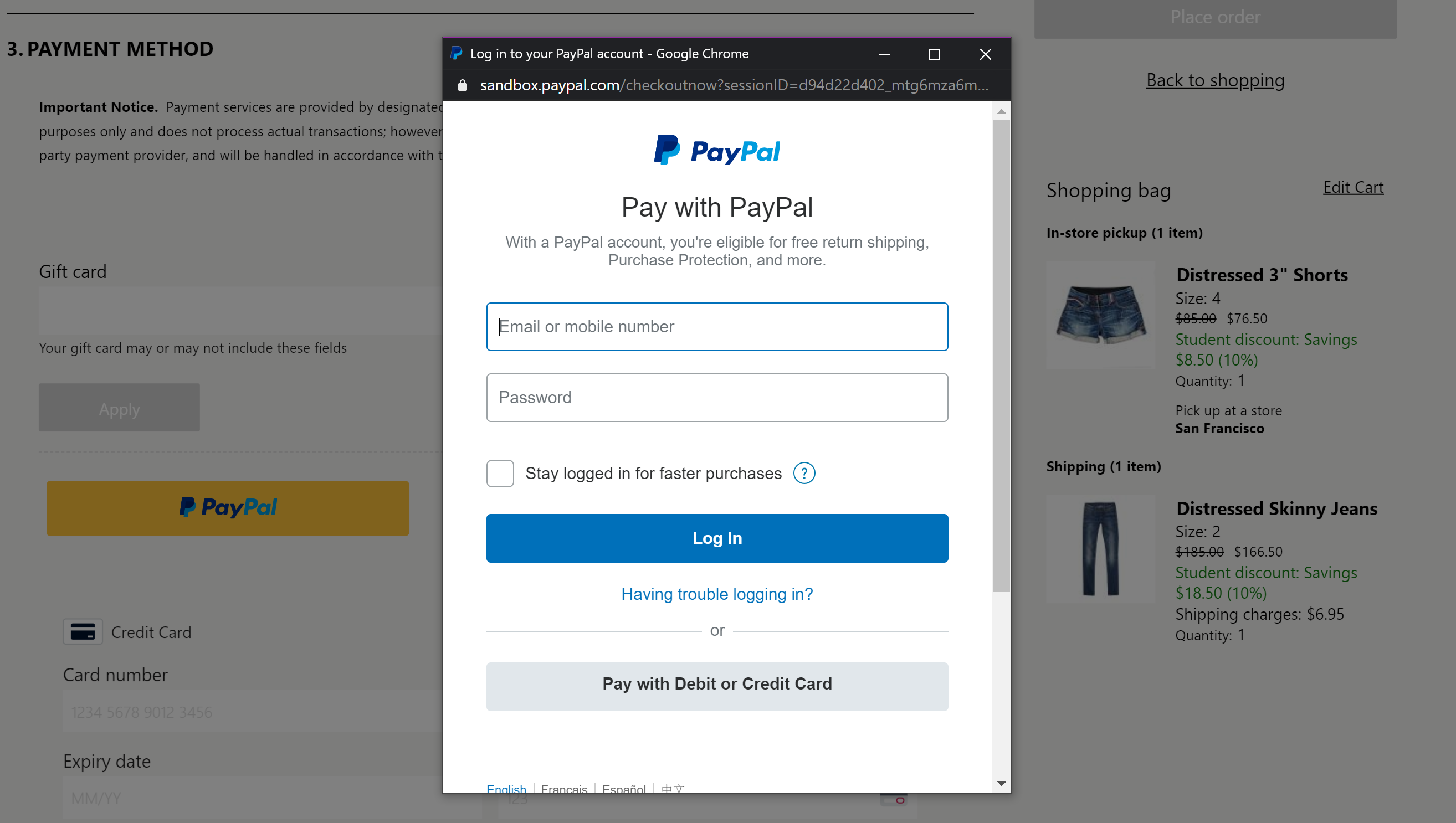 Příklad prvku iframe Paypal na stránce pokladny.