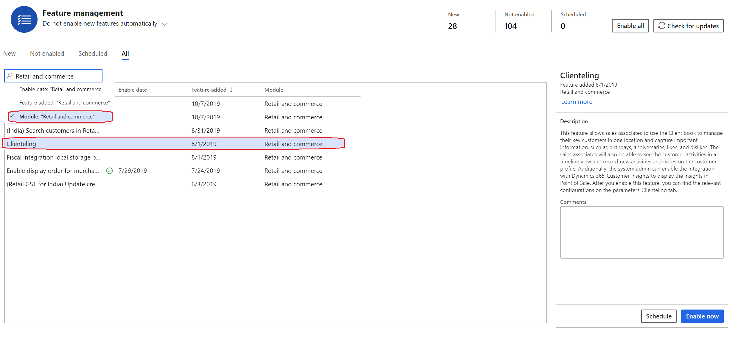 Clienteling in the list of features for the Commerce module.