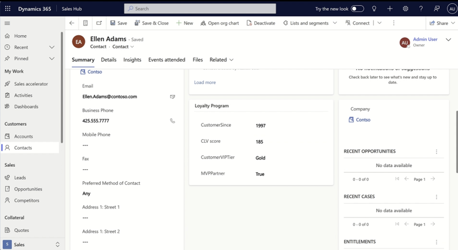 Uživatelské rozhraní Dynamics 365 Sales s údaji o věrnosti z Customer Insights.