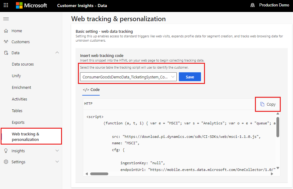 Snímek obrazovky Sledování a personalizace webu v Customer Insights - Data.