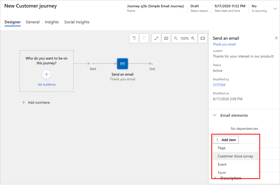 Přidání průzkumu Dynamics 365 Customer Voice.