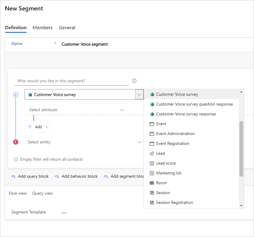 Dynamics 365 Customer Voice segment založený na profilu.