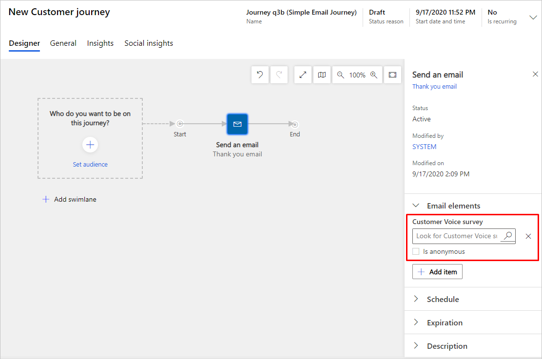 Výběr průzkumu Dynamics 365 Customer Voice.