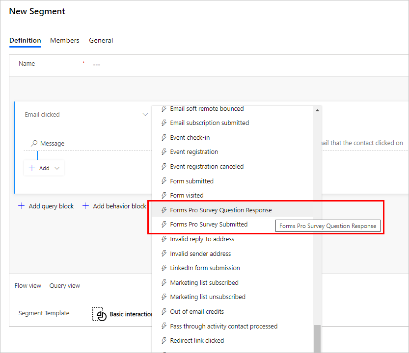 Dynamics 365 Customer Voice segment založený na interakci.