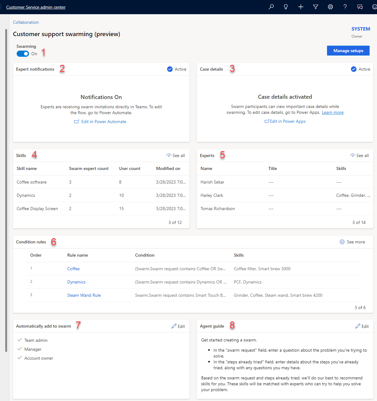 Stránka pro sestavování řešitelských týmů zákaznické podpory v aplikaci Dynamics 365 Customer Service.