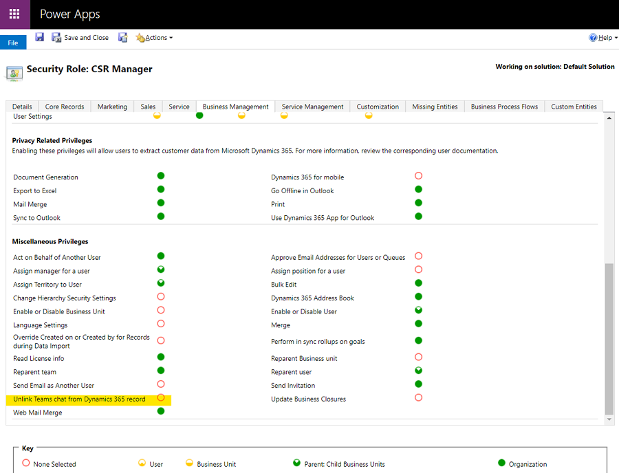 Odpojení chatu přes Teams od záznamu Dynamics 365.