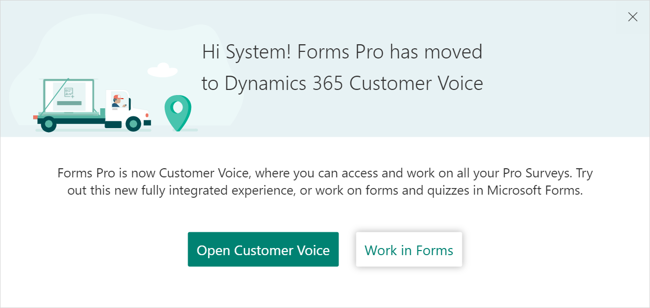 Zpráva o přesunu Forms Pro do Dynamics 365 Customer Voice.