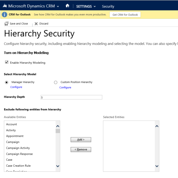 Nastavení hierarchie správce v Dynamics 365 for Customer Engagement.