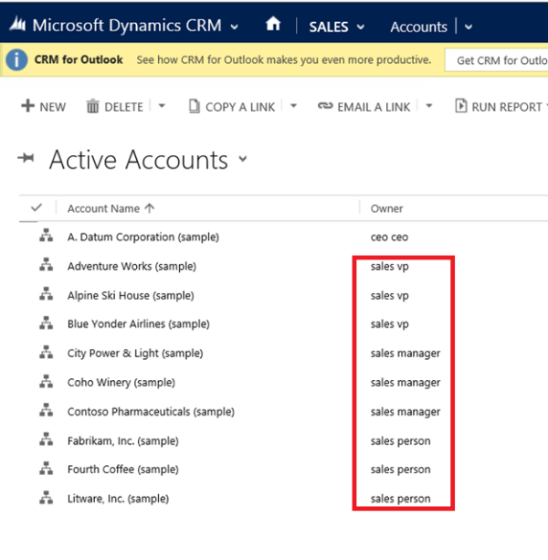 Přístup ke čtení pro viceprezidenta prodeje v aplikaci Dynamics 365 for Customer Engagement.