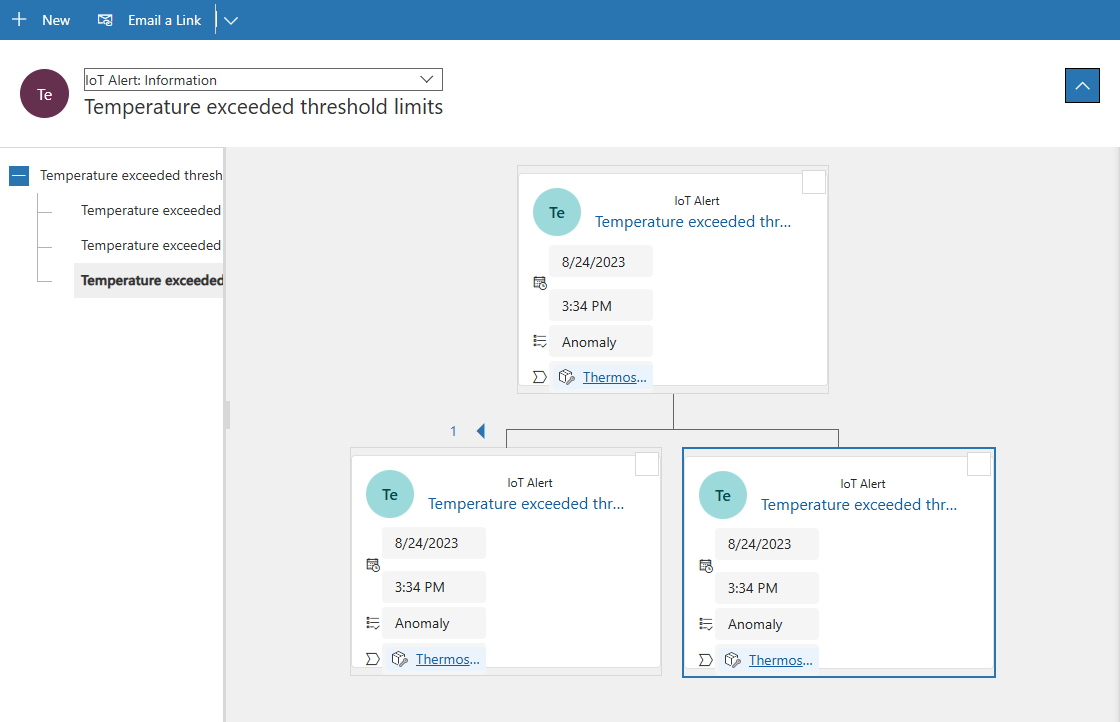 Screenshot souvisejících výstrah IoT ve Field Service.