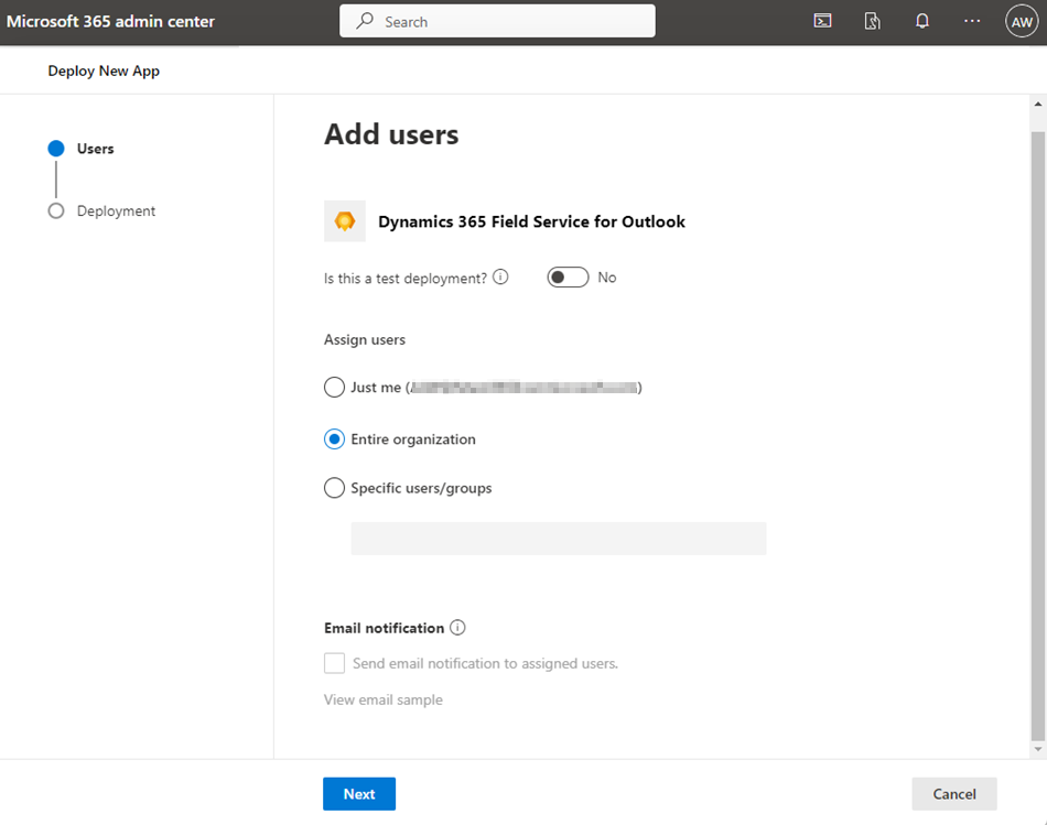 Screenshot Přidat uživatele Field Service Outlook