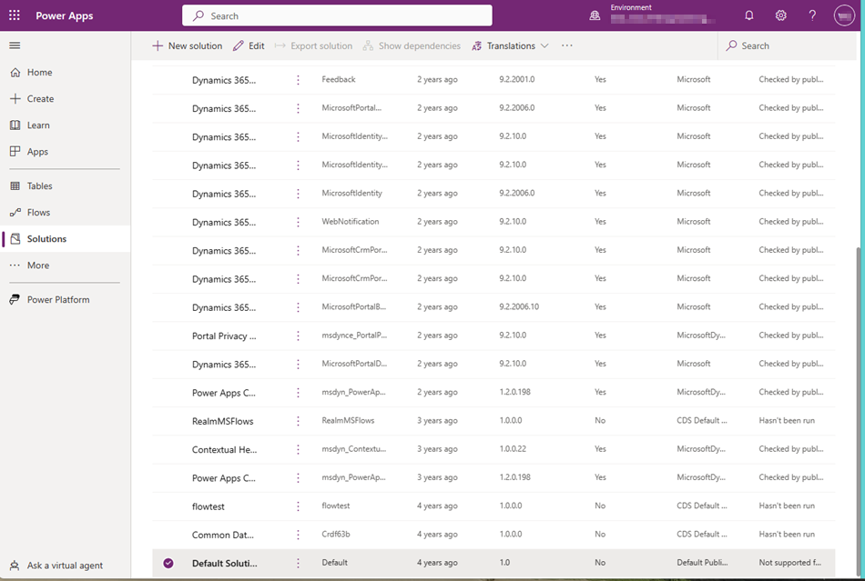 Screenshot PowerApps zobrazující Výchozí řešení