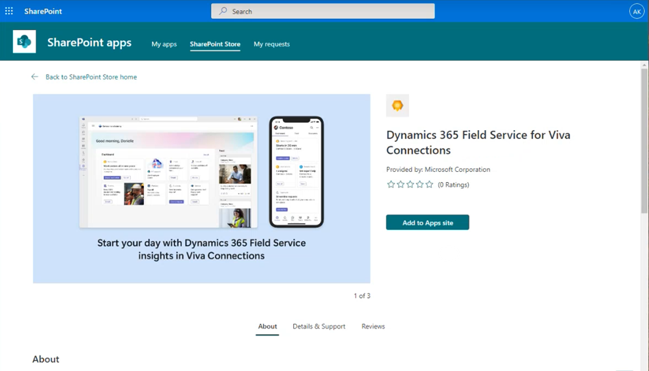 Screenshot karty Obchod SharePoint zobrazující aplikaci Dynamics 365 Field Service pro Viva Connections se zvýrazněným tlačítkem Přidat na web s aplikacemi.