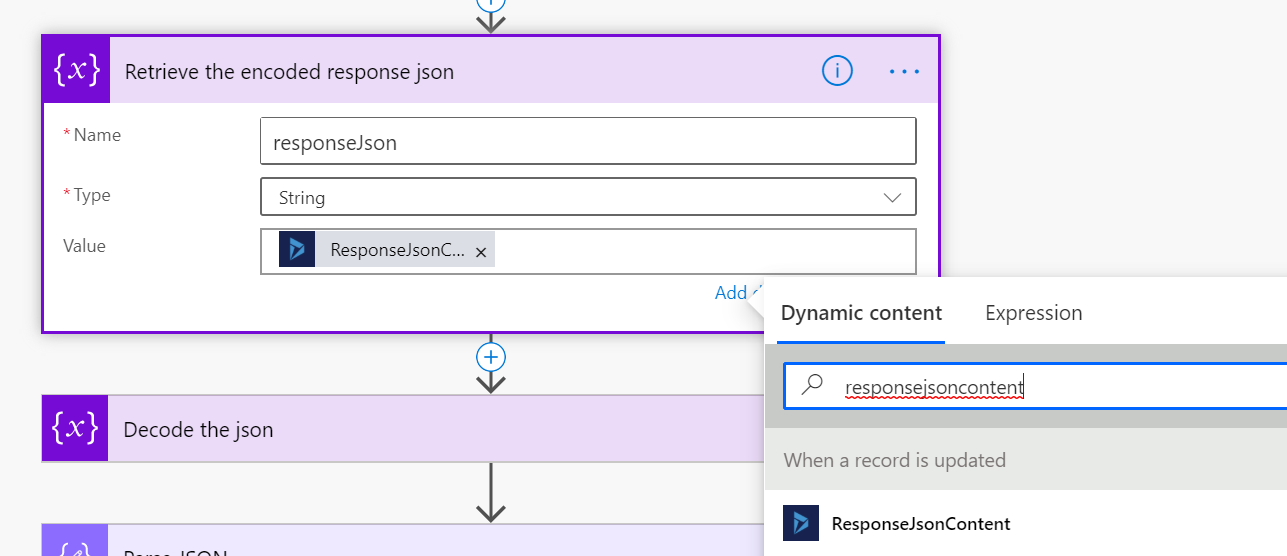 Screenshot toku Power Automate znázorňující část toku „načíst kódovaný JSON odpovědi“.