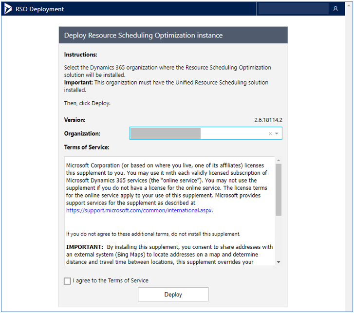 Snímek obrazovky stránky Nasazení instance Resource Scheduling Optimization.