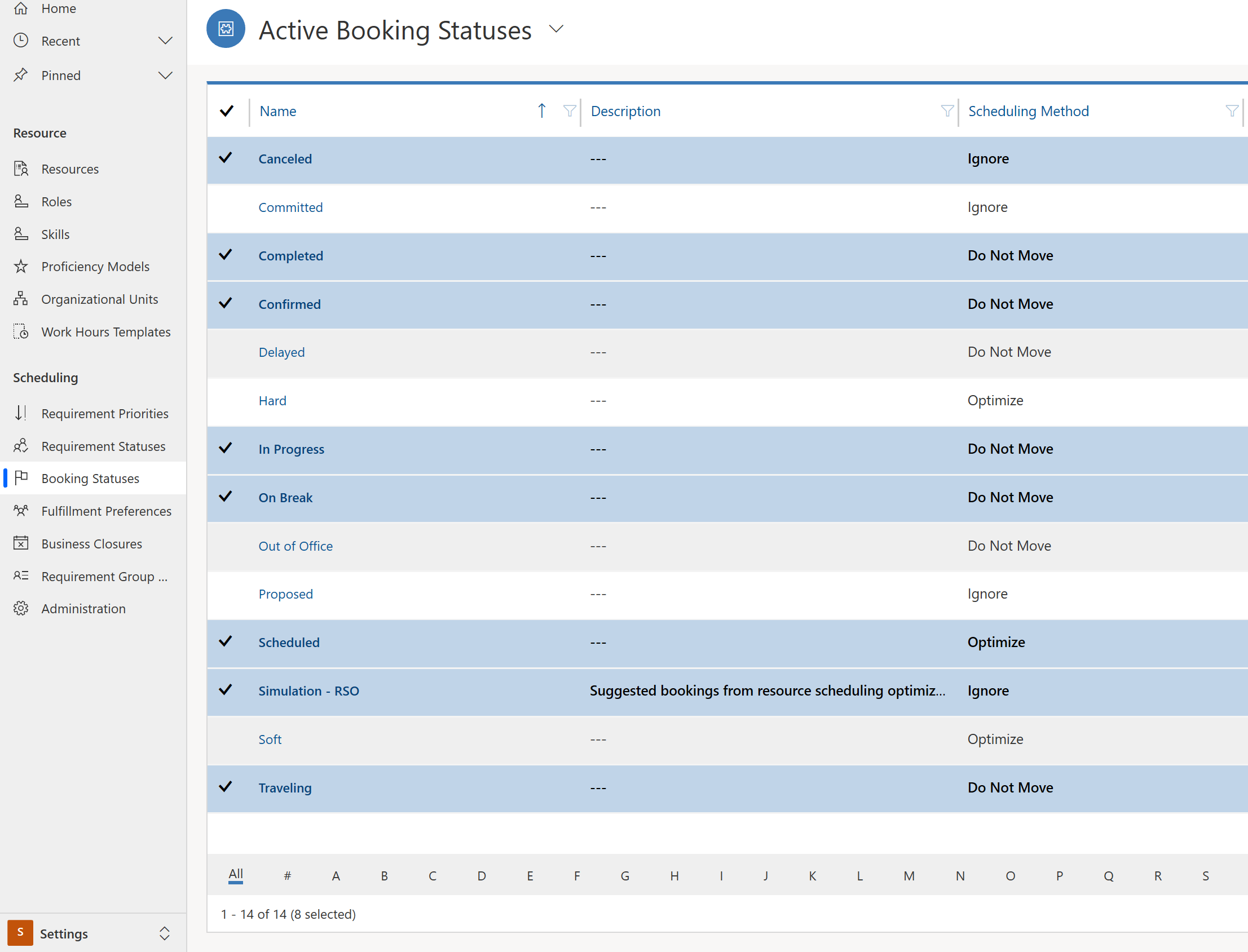 Snímek obrazovky znázorňující stavy rezervací mapované na stavy Resource Scheduling Optimization.