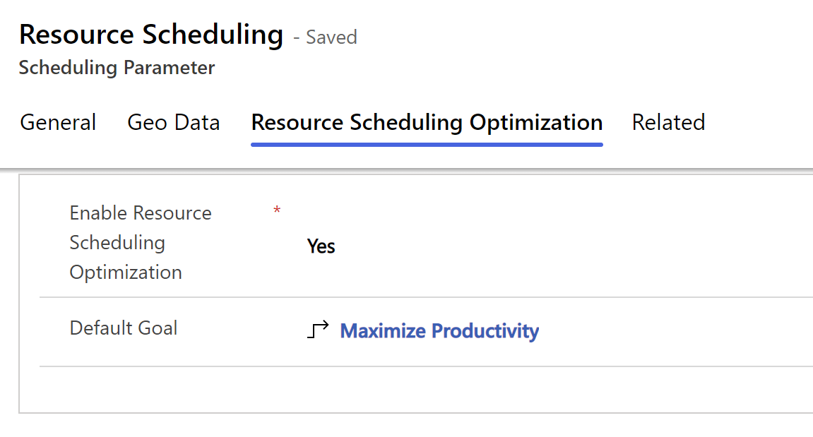 Snímek obrazovky karty Resource Scheduling Optimization.