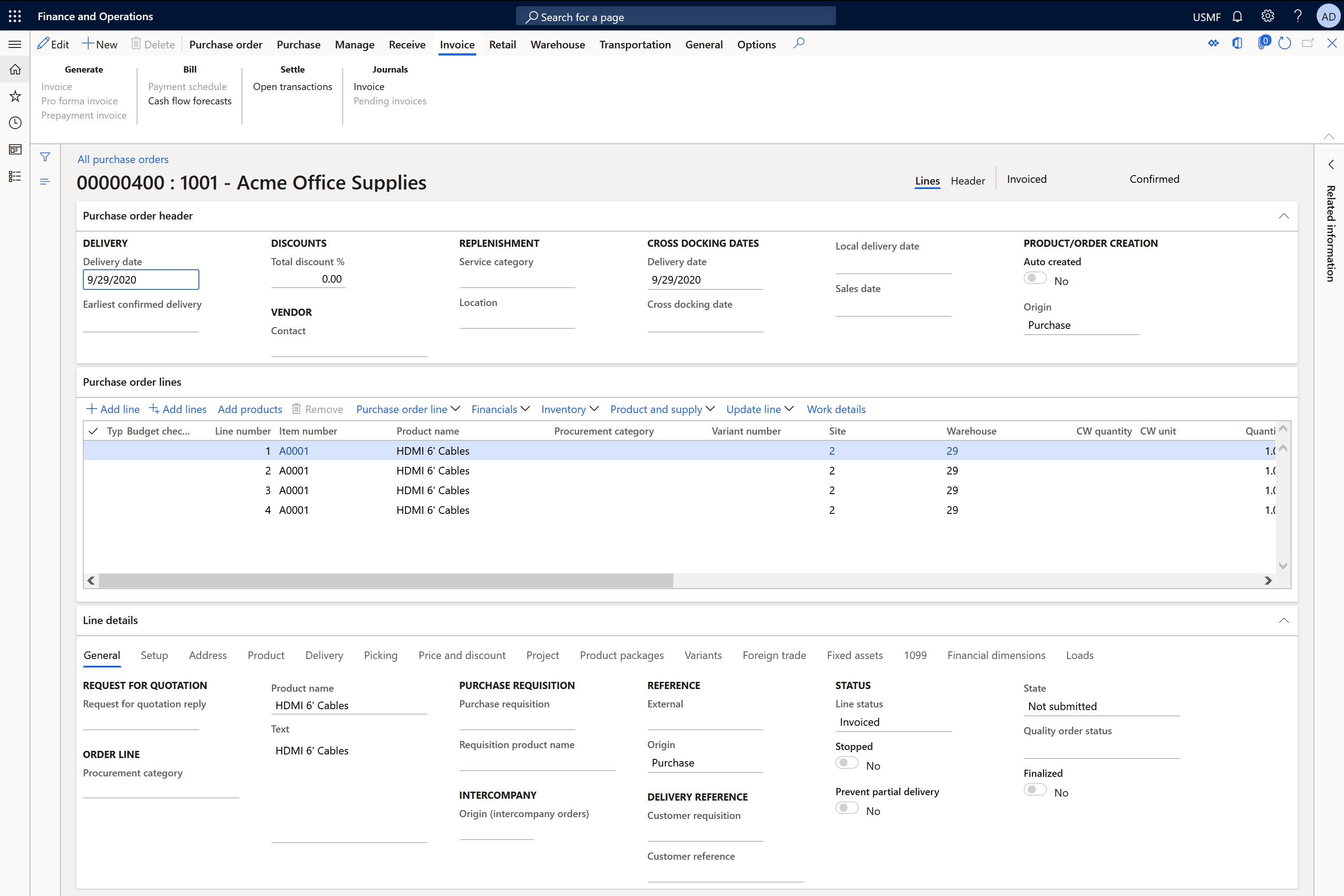 Screenshot formuláře nákupní objednávky v Supply Chain Management.